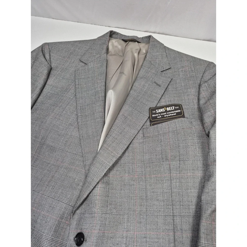VTG Sansabelt Suit Mens 48 Gray Poly Wool Plaid Tweed 2 Piece 44x36 USA NWT